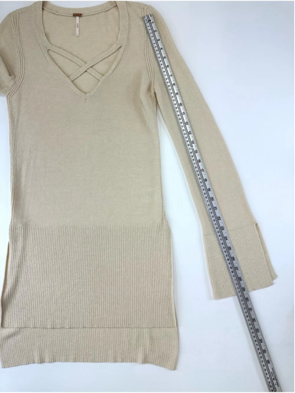 Free People Cream Criss Cross Bell Sleeve Oversized Sweater S Boho Knit Tunic